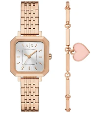 Armani Exchange Women's Leila Three Hand Rose Gold Tone Stainless Steel Heart Bracelet Watch Set