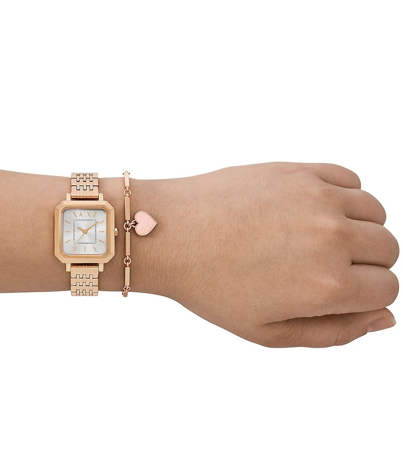 Armani Exchange Women's Leila Three Hand Rose Gold Tone Stainless Steel Heart Bracelet Watch Set