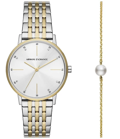 Armani Exchange Women's Lola Rd. Three Hand Two Tone Stainless Steel Bracelet Watch Set