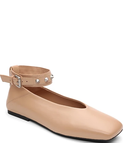 ASH Best Leather Studded Ankle Strap Square Toe Flats