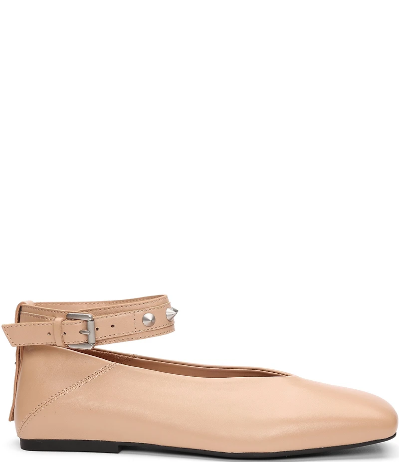ASH Best Leather Studded Ankle Strap Square Toe Flats