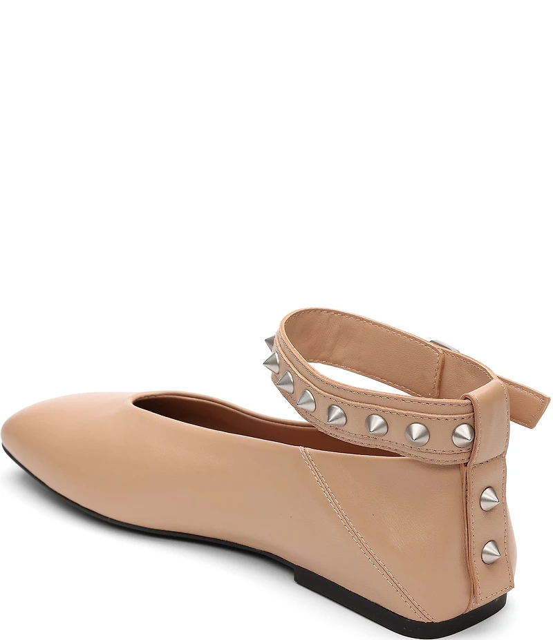ASH Best Leather Studded Ankle Strap Square Toe Flats