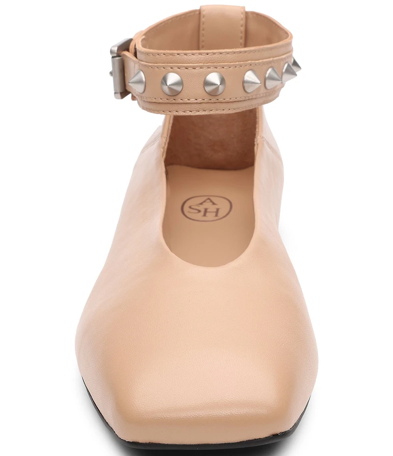 ASH Best Leather Studded Ankle Strap Square Toe Flats