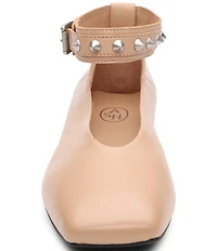 ASH Best Leather Studded Ankle Strap Square Toe Flats