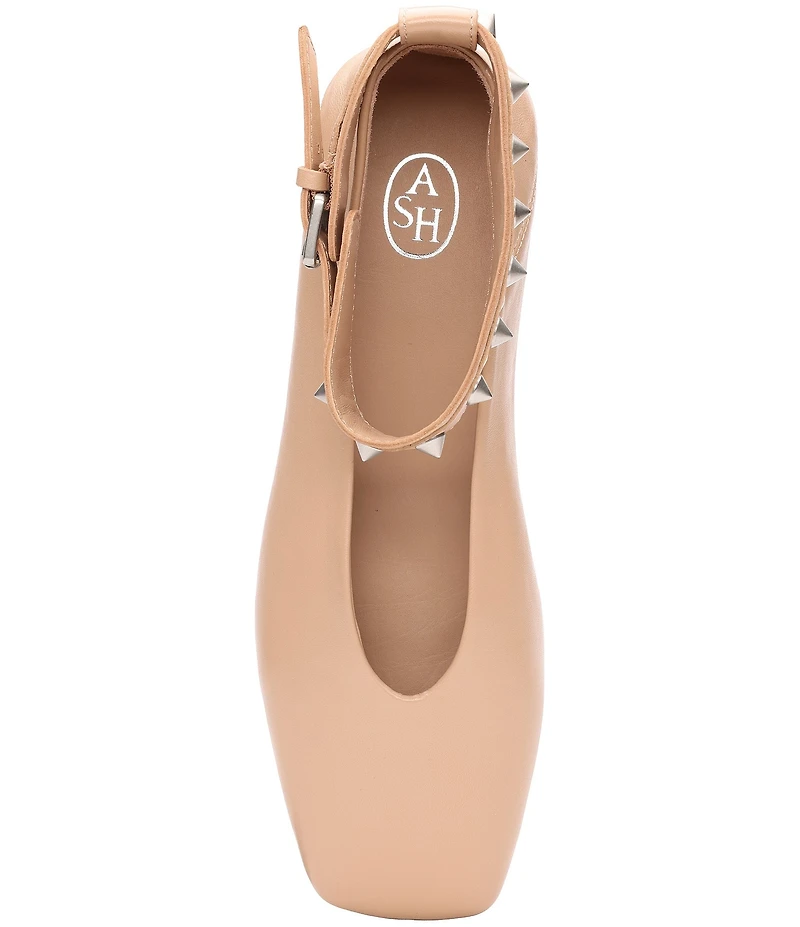 ASH Best Leather Studded Ankle Strap Square Toe Flats