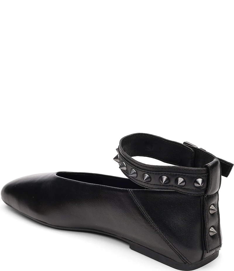 ASH Best Leather Studded Ankle Strap Square Toe Flats