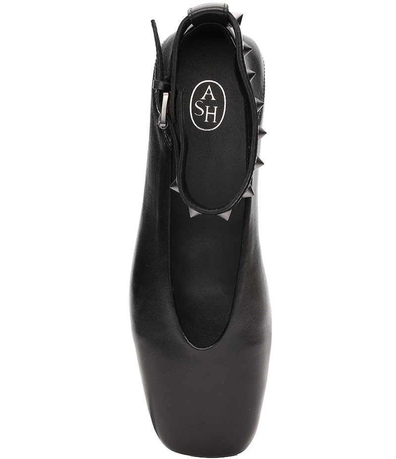 ASH Best Leather Studded Ankle Strap Square Toe Flats