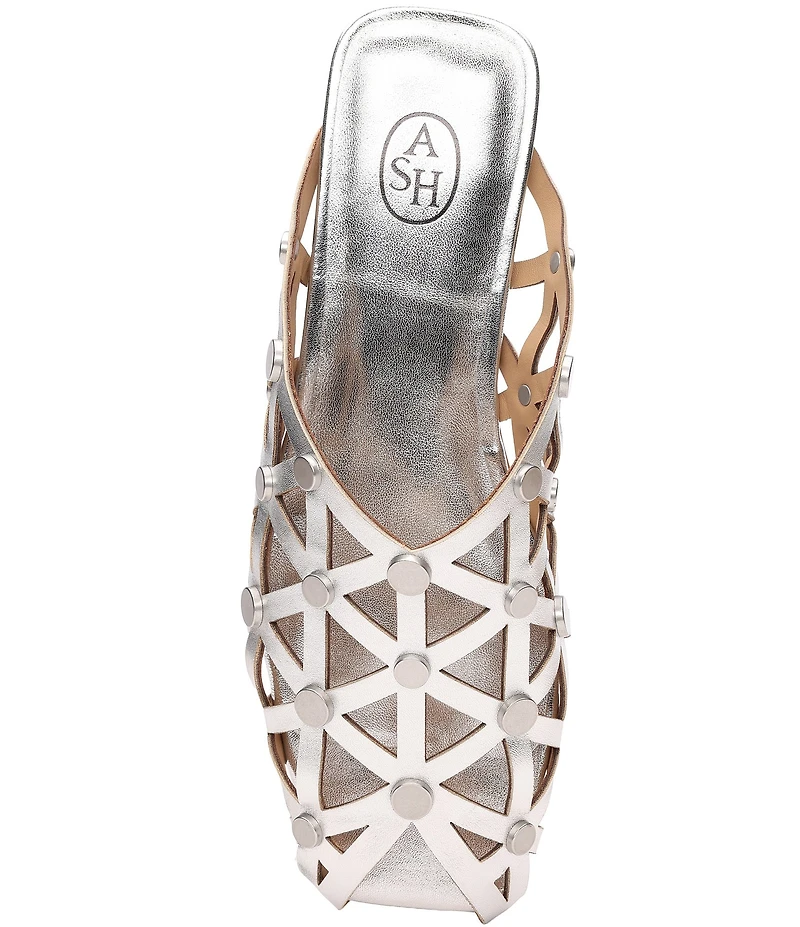 ASH Bone Metallic Leather Geo Cut Out Studded Mules