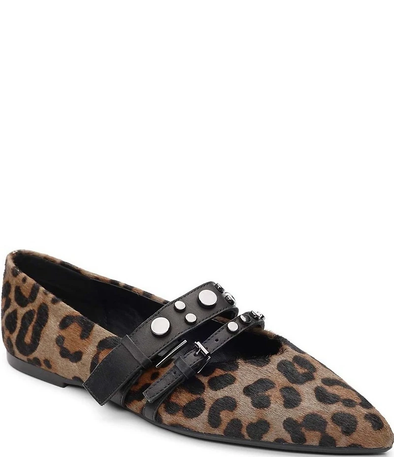 ASH Britnie Leopard Print Hair Calf Studded Mary Jane Flats