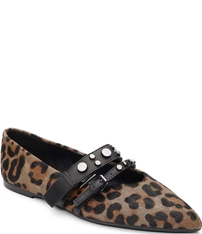 ASH Britnie Leopard Print Hair Calf Studded Mary Jane Flats