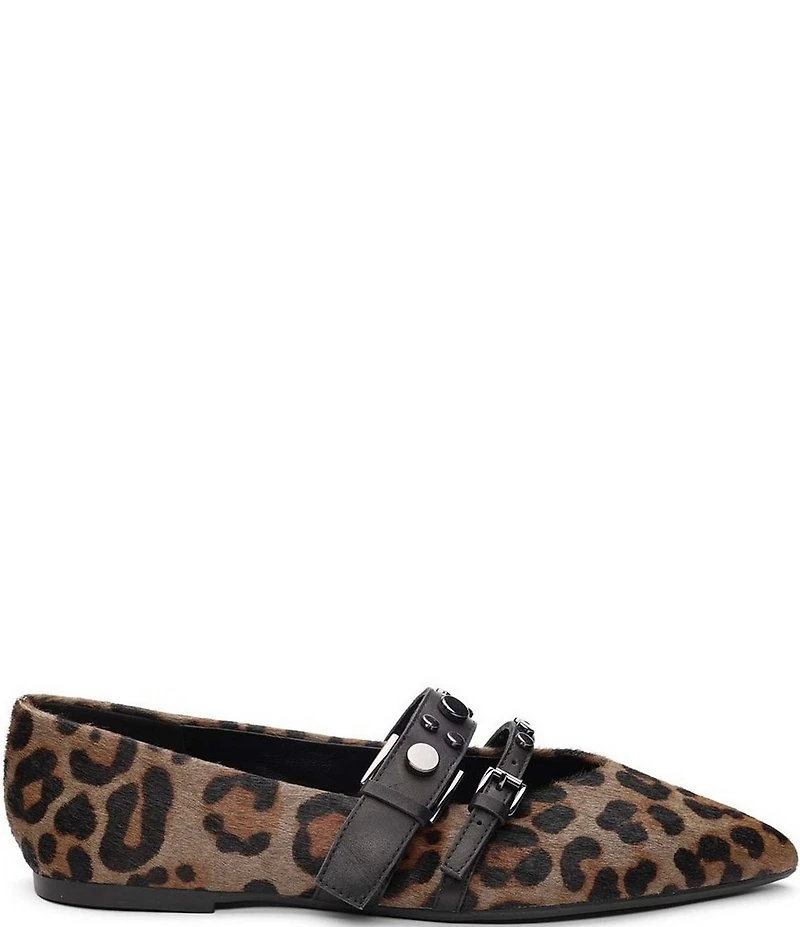 ASH Britnie Leopard Print Hair Calf Studded Mary Jane Flats