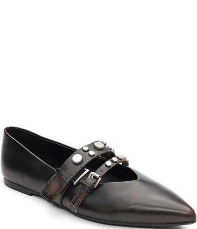 ASH Britnie Studded Leather Pointed Toe Mary Jane Flats