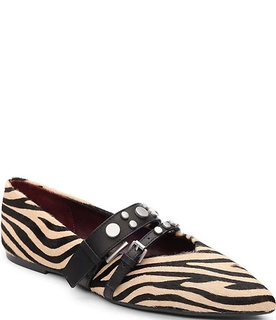 ASH Britnie Zebra Print Hair Calf Studded Mary Jane Flats