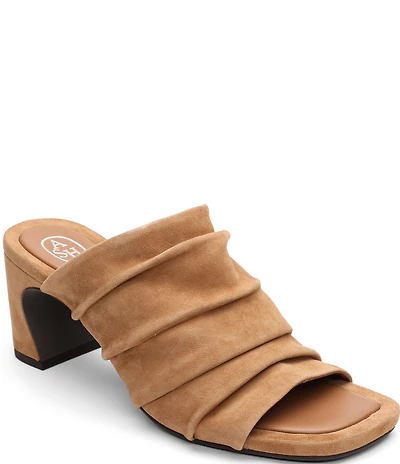 ASH Eva Ruched Suede Sculptural Heel Slide Sandals