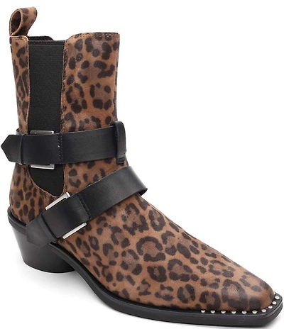 ASH Heron Leopard Print Suede Buckle Hardware Straps Stud Trim Booties