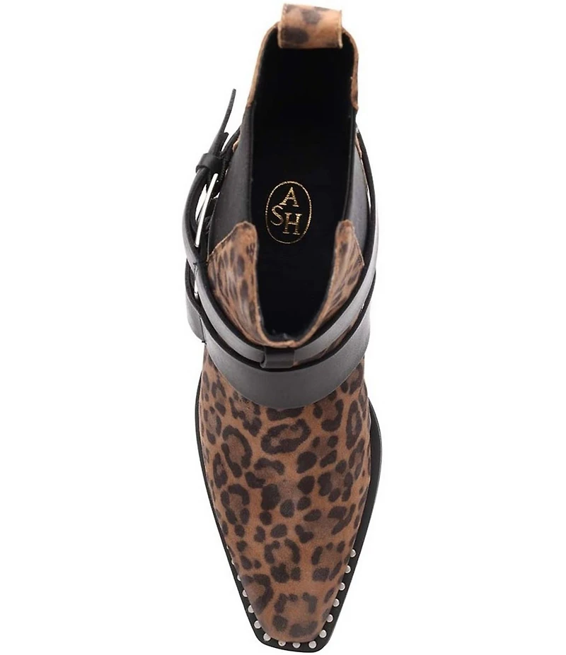 ASH Heron Leopard Print Suede Buckle Hardware Straps Stud Trim Booties
