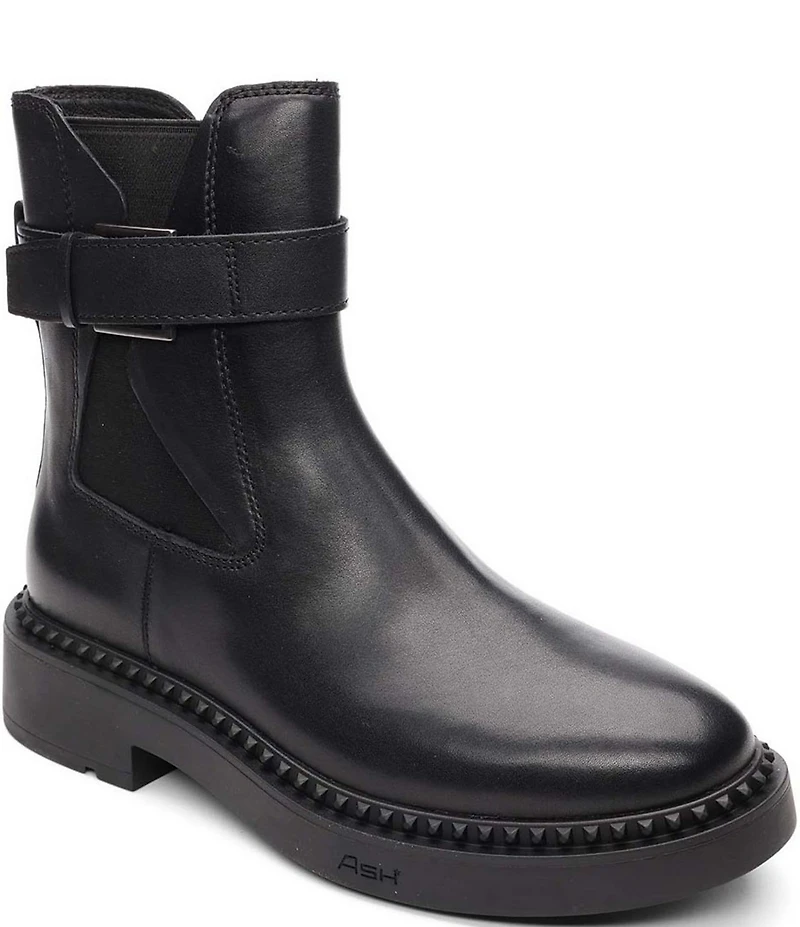 ASH Margot Leather Buckle Strap Hardware Stud Trim Chelsea Booties