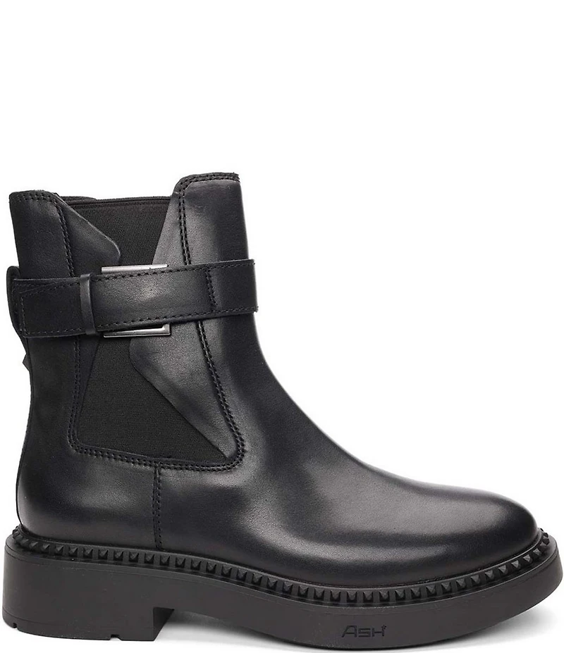 ASH Margot Leather Buckle Strap Hardware Stud Trim Chelsea Booties