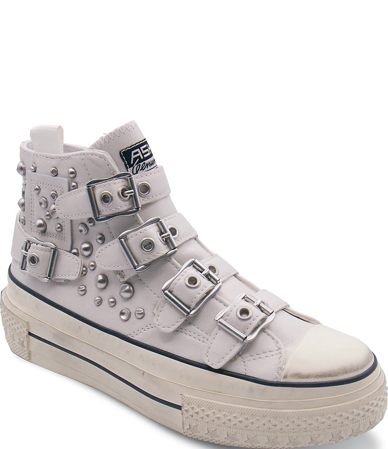 ASH Rainbow Leather Studded Buckle Strap Platform Sneakers