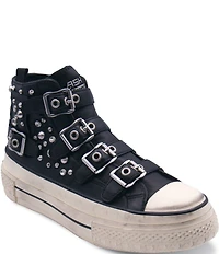 ASH Rainbow Leather Studded Buckle Strap Platform Sneakers