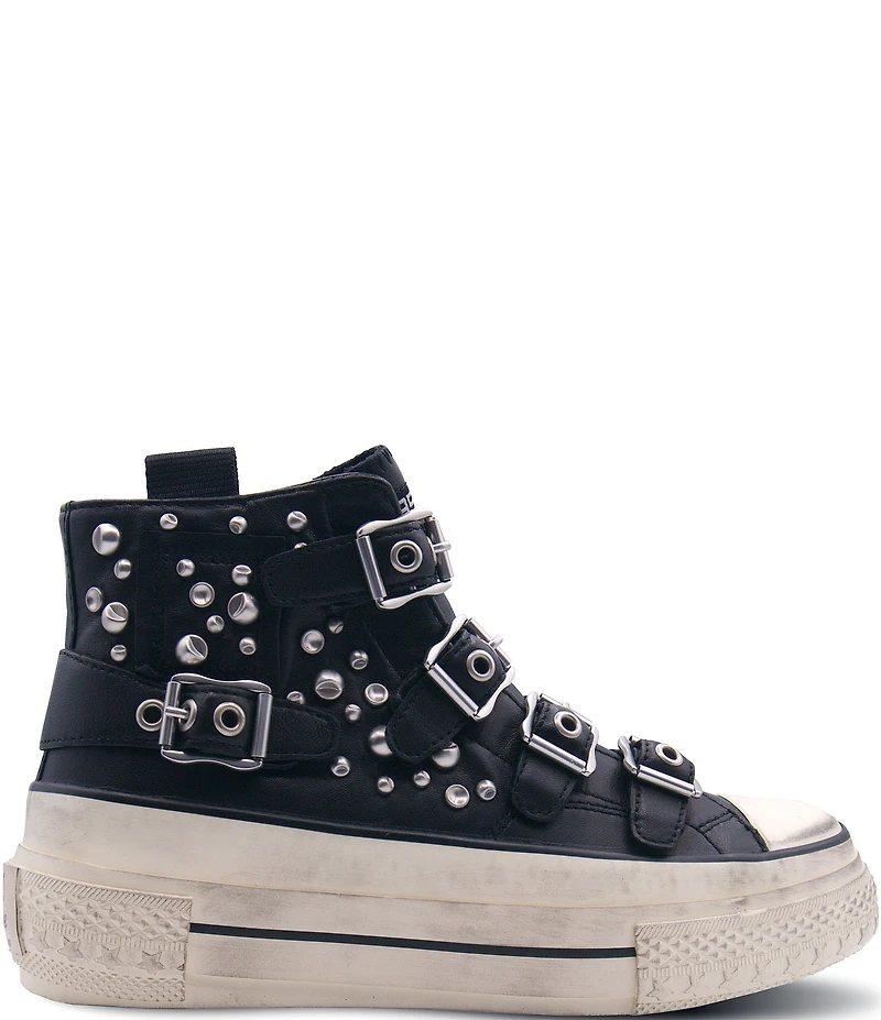 ASH Rainbow Leather Studded Buckle Strap Platform Sneakers