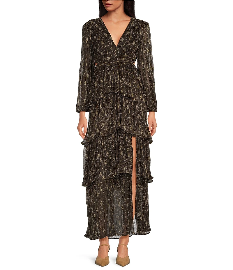 ASTR the Label Anora Floral Print V Neck Long Sleeve Tiered Maxi Dress