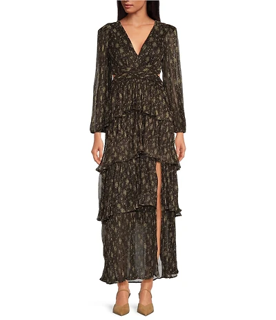 ASTR the Label Anora Floral Print V Neck Long Sleeve Tiered Maxi Dress