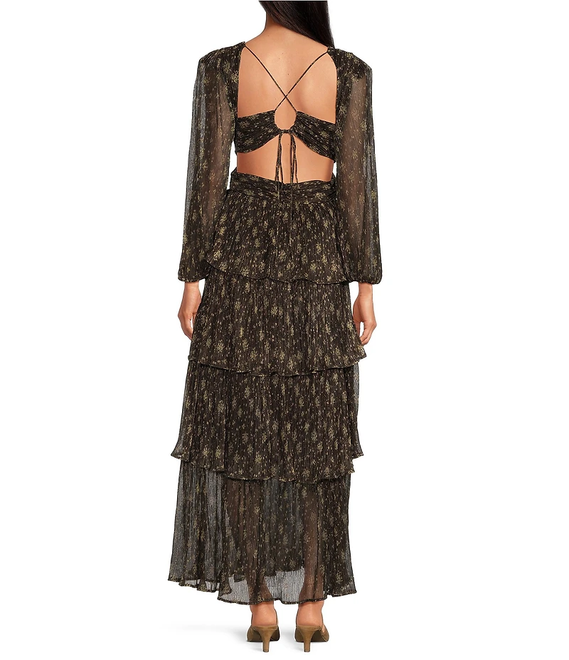 ASTR the Label Anora Floral Print V Neck Long Sleeve Tiered Maxi Dress