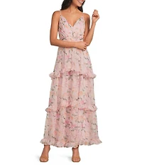 ASTR the Label Ayanna Floral Print V-Neck Sleeveless Tiered Ruffle Maxi Dress