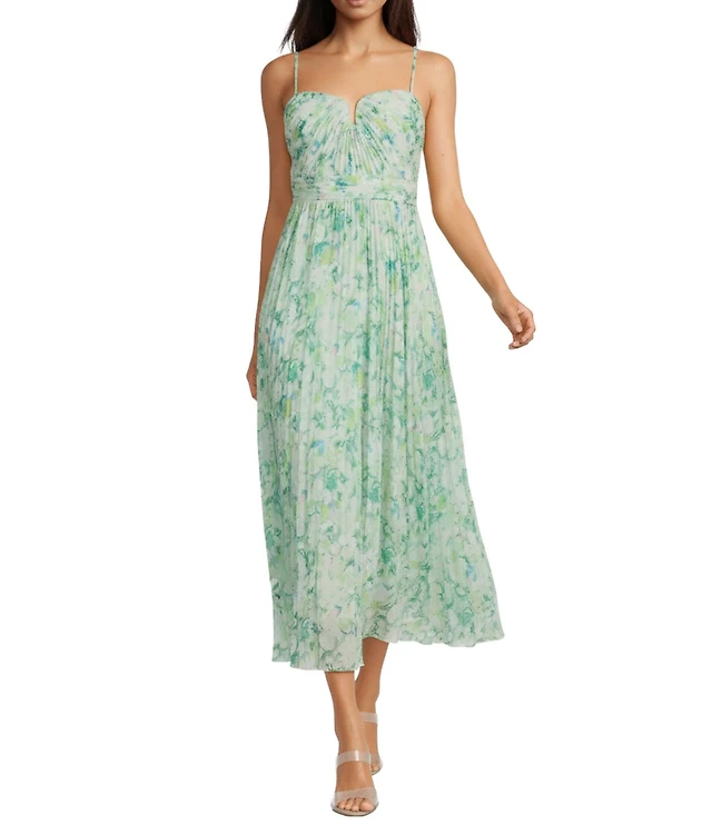 ASTR the Label Bayley Pleated Floral Print Sweetheart Neck Sleeveless A-Line  Midi Dress