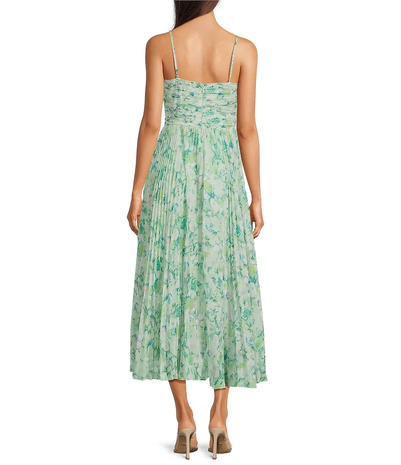 ASTR the Label Bayley Pleated Floral Print Sweetheart Neck Sleeveless A-Line Midi Dress