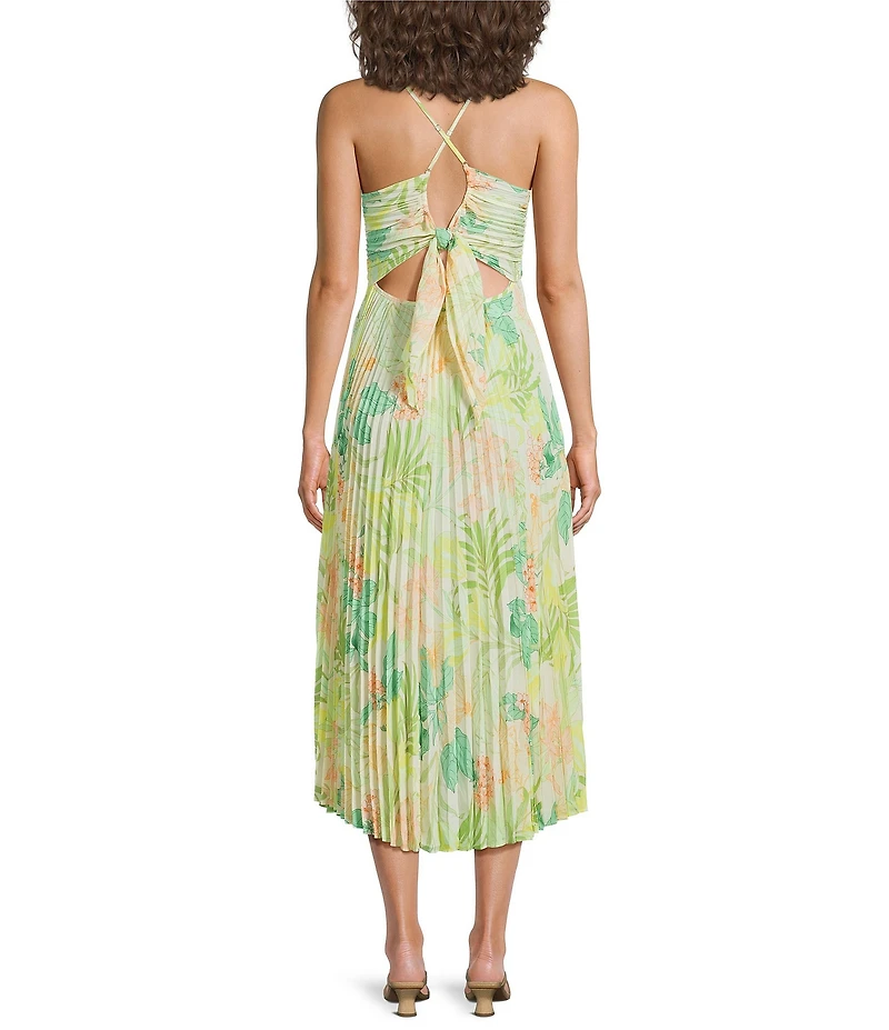 ASTR the Label Blythe Tropical Printed Plisse V-Neck Sleeveless Pleated Midi Dress