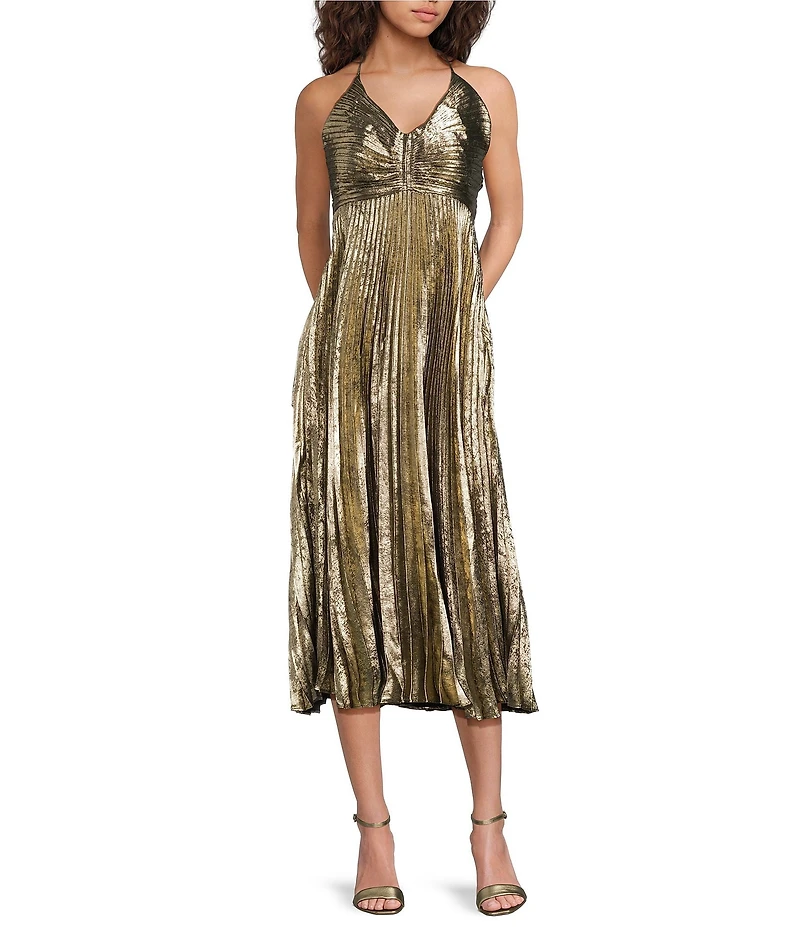 ASTR the Label Blythe V-Neck Sleeveless Pleated Metallic Midi Dress