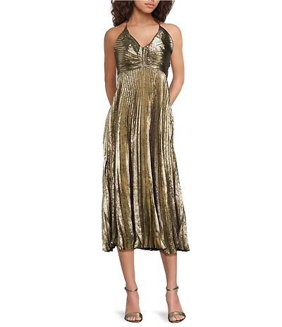 ASTR the Label Blythe V-Neck Sleeveless Pleated Metallic Midi Dress