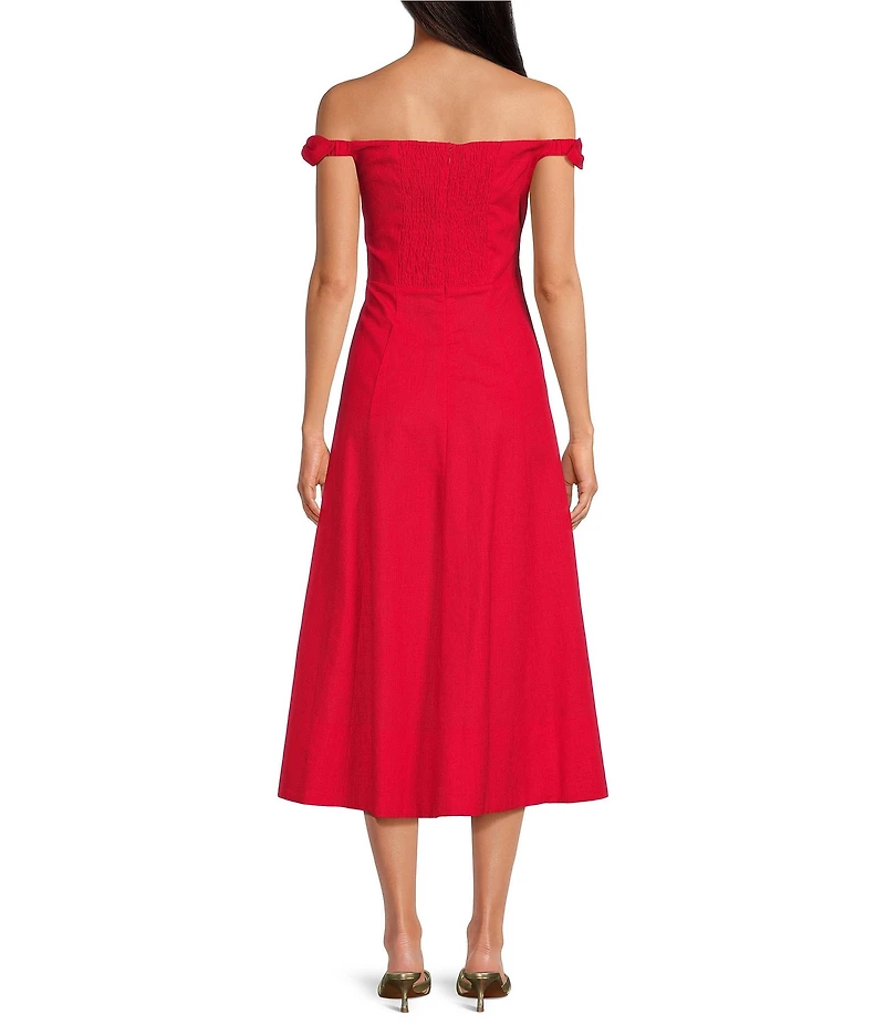 ASTR the Label Charelin Off-The-Shoulder Linen Blend Smocked Back Midi Dress