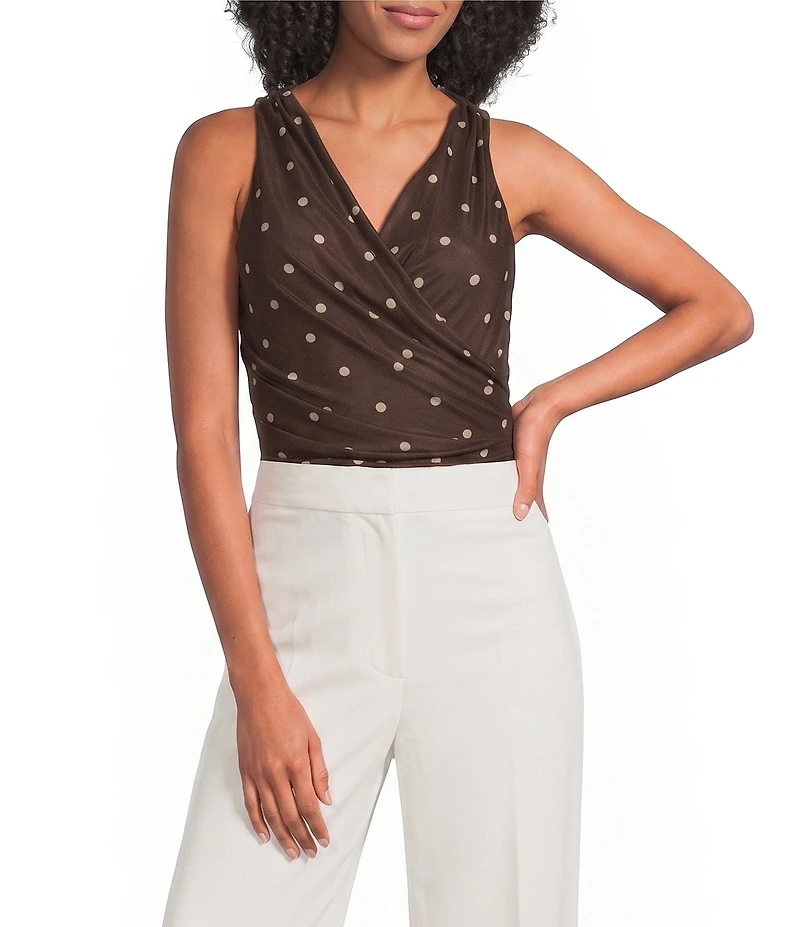 ASTR The Label Claudia Polka Dot V-Neck Sleeveless Faux-Wrap Bodysuit