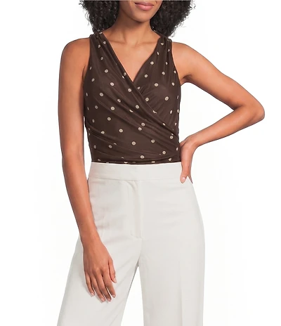 ASTR The Label Claudia Polka Dot V-Neck Sleeveless Faux-Wrap Bodysuit