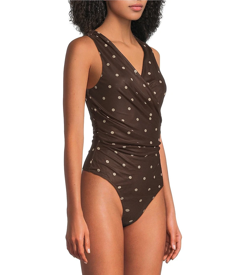 ASTR The Label Claudia Polka Dot V-Neck Sleeveless Faux-Wrap Bodysuit
