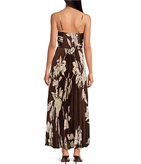 ASTR The Label Clea Floral Print V-Neck Sleeveless Pleated Satin Plisse Maxi Dress