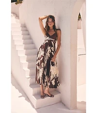 ASTR The Label Clea Floral Print V-Neck Sleeveless Pleated Satin Plisse Maxi Dress