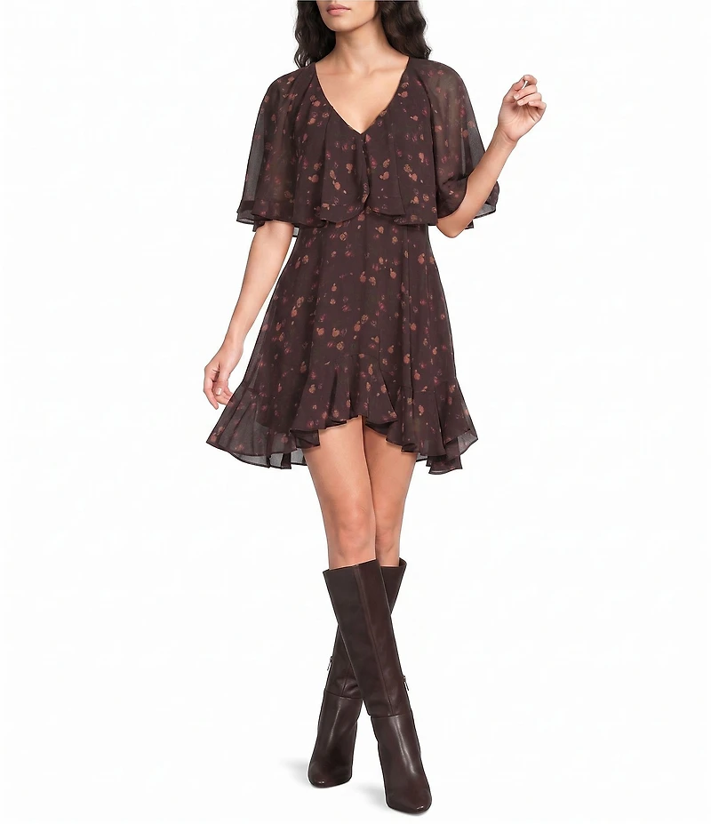 ASTR the Label Lilah Floral Print V-Neck Short Sleeve Flounce Hem Chiffon Mini Dress