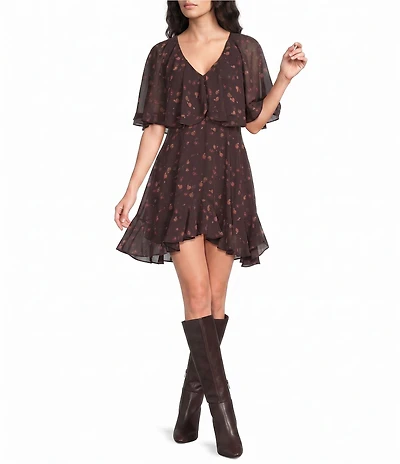 ASTR the Label Lilah Floral Print V-Neck Short Sleeve Flounce Hem Chiffon Mini Dress