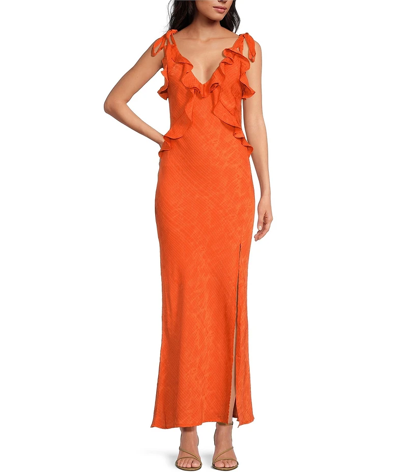 ASTR the Label Sorbae Ruffle V-Neck Sleeveless Side Slit Maxi Dress