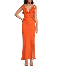 ASTR the Label Sorbae Ruffle V-Neck Sleeveless Side Slit Maxi Dress