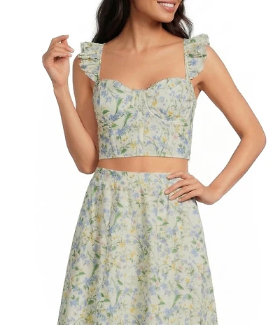 ASTR the Label Wedelia Coordinating Floral Print Sweetheart Neckline Sleeveless Ruffle Crop Top