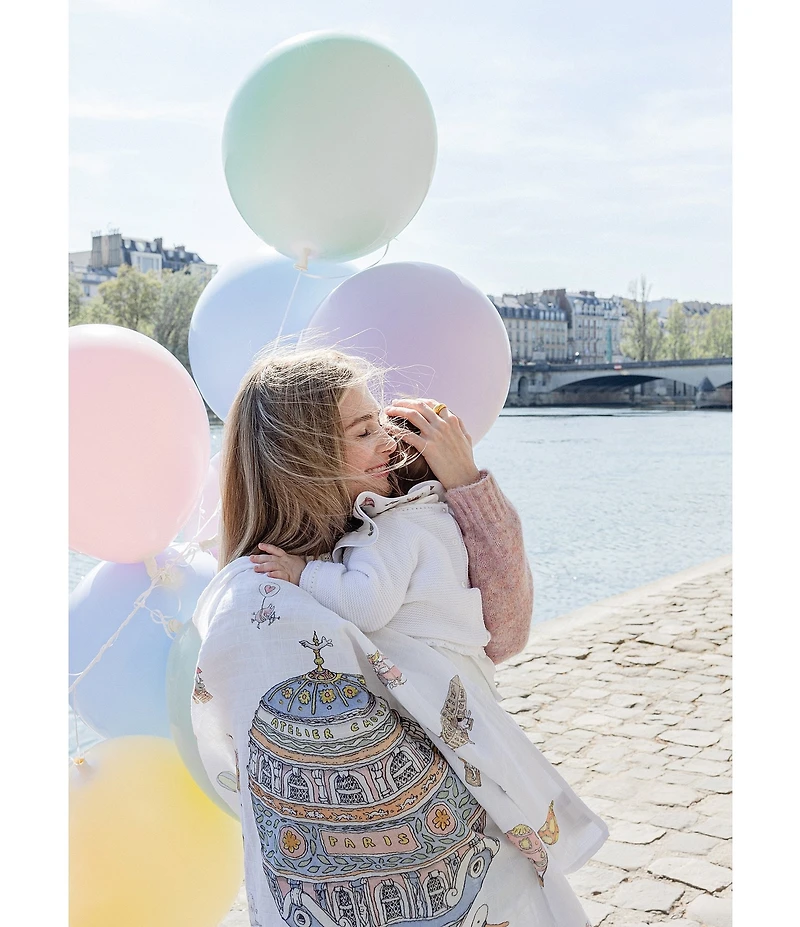 Atelier Choux Paris Organic Cotton Baby Hot Air Balloons Swaddle Blanket with Gift Box
