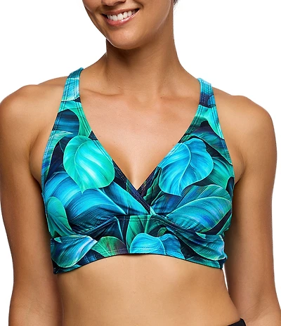 Athena Next by Athena Curacao Palm Leaf V-Neck D-Cup Bra Size X-Back 25 Minute Sports Bra Swim Top