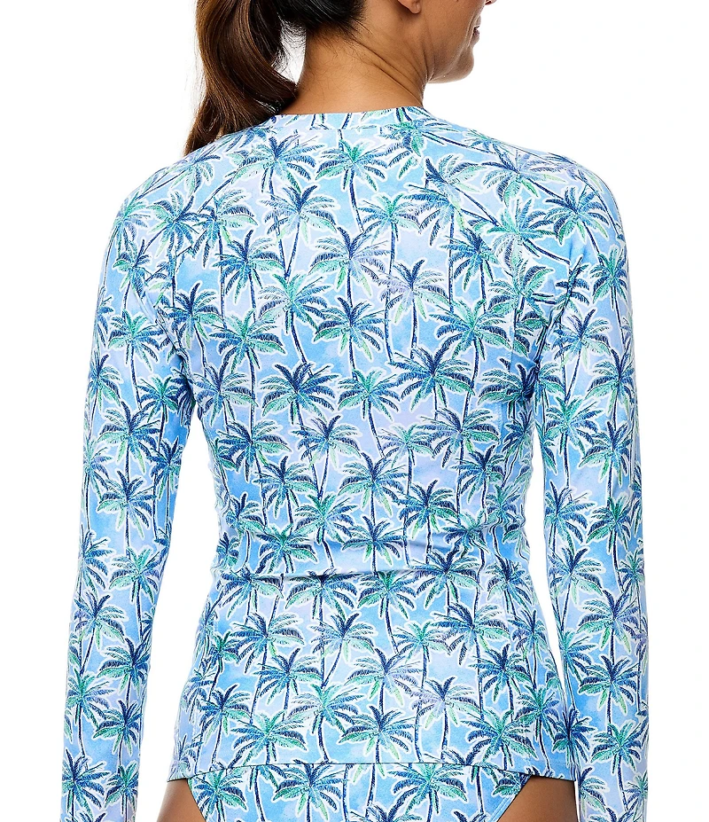 Athena Oasis Detox Tropical Print Long Sleeve Zip Front Surf Rashguard Swim Cover-Up