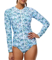 Athena Oasis Detox Tropical Print Long Sleeve Zip Front Surf Rashguard Swim Cover-Up