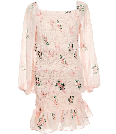 Ava & Yelly Big Girls Floral Print Long Sleeves Smock Clip Dot Ruffle Hem Dress